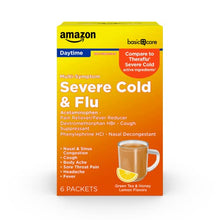 Load image into Gallery viewer, Amazon Basic Care Severe Cold &amp; Flu Relief, Green Tea &amp; Honey Lemon Flavors; Relieves Cough, Sore Throat Pain, Body Ache, Headache and Fever, 6 Count
