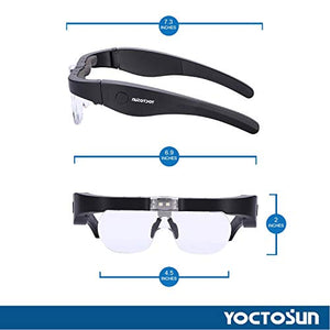 YOCTOSUN Rechargeable Head Magnifier Glasses, Eyeglasses Magnifier with 2 LED Lights and Detachable Lenses 1.5X, 2.5X, 3.5X,5X, Best Magnifying Glasses for Reading and Hobby
