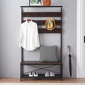 MHAOSEHU Entryway Coat Rack Bench, Modern Hall Tree with Storage Bench, Wood and Metal Hallway Bench with Coat Rack, Espresso 3-in-1 Design