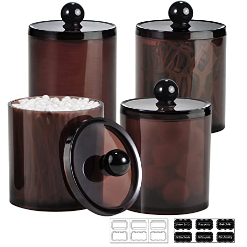 SheeChung 4 Pack Plastic Acrylic Bathroom Vanity Countertop Canister Jars with Storage Lid, Apothecary Jars Qtip Holder Makeup Organizer for Cotton Balls,Swabs,Pads,Bath Salts (Amber, 15 Oz)