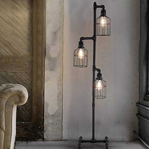 NIUYAO Industrial Style 60'' High Track Tree Floor Lamp Iron Cage 3 Lights Pipe LED Floor Light Fixture Black 409434