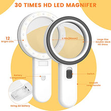 Load image into Gallery viewer, Magnifying Glass with Light, 30X Handheld Large Magnifying Glass 12 LED Illuminated Lighted Magnifier for Macular Degeneration, Seniors Reading, Soldering, Inspection, Coins, Jewelry, Exploring(White)

