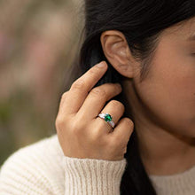 Load image into Gallery viewer, Peora Simulated Emerald Cathedral Ring in Sterling Silver, Solitaire Round Shape, 8mm, 1.75 Carats total, Comfort Fit Size 5
