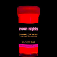 Load image into Gallery viewer, 2-IN-1 Glow In The Dark Acrylic Paint Set by neon nights – Glows in the Dark &amp; under UV Blacklight - Set of 8 Self-Luminous Neon Paints for Halloween - German Premium Quality - Phosphorescent
