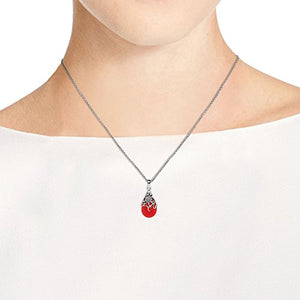 Reconstructed Red Coral Vintage Floral Vine Adorned Teardrop .925 Sterling Silver Pendant Necklace