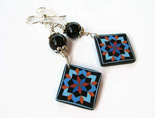 Load image into Gallery viewer, Carpenters Star Quilt Block Earrings, Sterling Silver, Black Obsidian Quilters Jewelry, Limited Edition Polymer Clay HST
