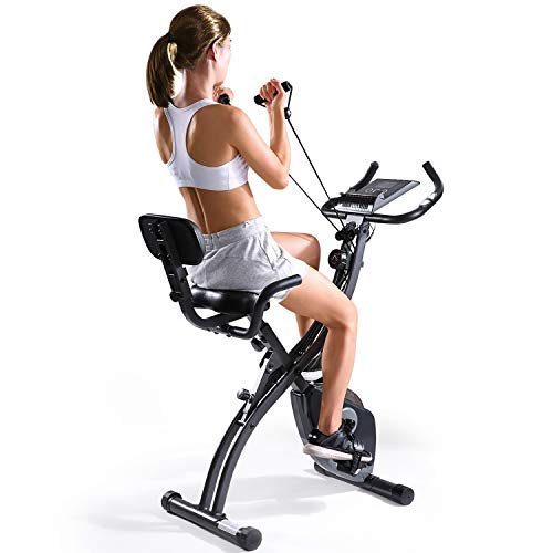 MaxKare Folding Magnetic Upright Exercise Bike w/Pulse Sensor/LCD Monitor Indoor Cycling Bike Stationary Bike Recumbent Exercise Bike with Arm Resistance Bands, Perfect for Home Use