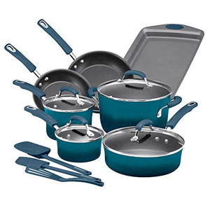 Rachael Ray Brights Nonstick Cookware Pots and Pans Set, 14 Piece, Marine Blue