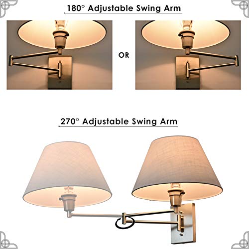 Load image into Gallery viewer, Kira Home Cambridge 13" Swing Arm Wall Lamp - Plug in/Wall Mount + White Fabric Shade, 150W 3-Way + Cord Covers, Satin Nickel Finish