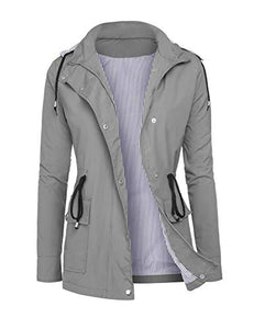 DOSWODE Raincoats Women Waterproof Rain Jackets Detachable Hooded Striped Lined Windbreaker for Women Grey M