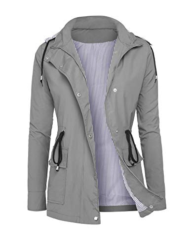 DOSWODE Raincoats Women Waterproof Rain Jackets Detachable Hooded Striped Lined Windbreaker for Women Grey M