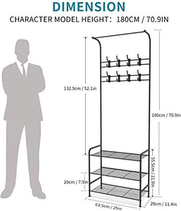 alvorog Entryway Coat Rack Shoe Bench, 3-in-1 Hall Tree, 3-Tier Storage Shelves with 16 Hooks Multifunctional Hallway Organizer, Easy Assembly (Black)