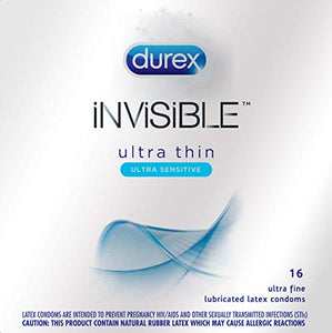Durex Invisible with Brass Lunamax Pocket Case, Ultra Sensitive Lubricated Latex Condoms-16 Pack