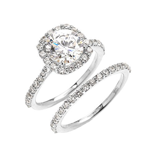 10k White Gold 3 Carat CZ Solitaire Halo Proposal Engagement and Wedding Ring Set(Size 7)