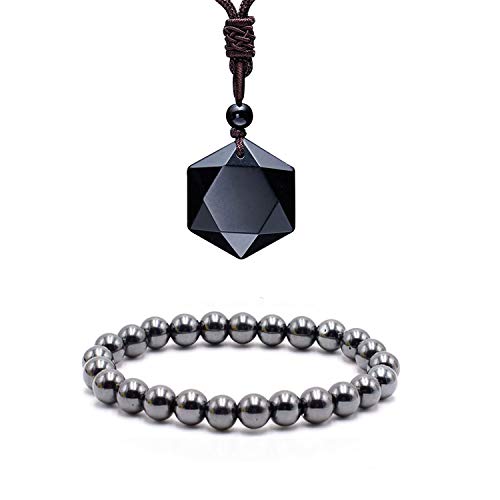 Black Obsidian Hexagram Natural Stone Pendant Necklace and Hematite Bracelet Hematite Metal Magnetic Therapy Bracelets