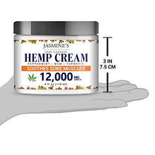 Load image into Gallery viewer, Hemp Cream for Pain, Sore Muscle and Joints by Jasmine’s Herb Garden - 12,000 mg Complex with Peppermint, MSM and Turmeric - Soothes Muscles, Relieves Inflammation - 4 oz
