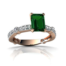 Load image into Gallery viewer, 14kt Rose Gold Lab Emerald and Diamond 7x5mm Emerald_Cut Milgrain Antique Style Ring - Size 4.5
