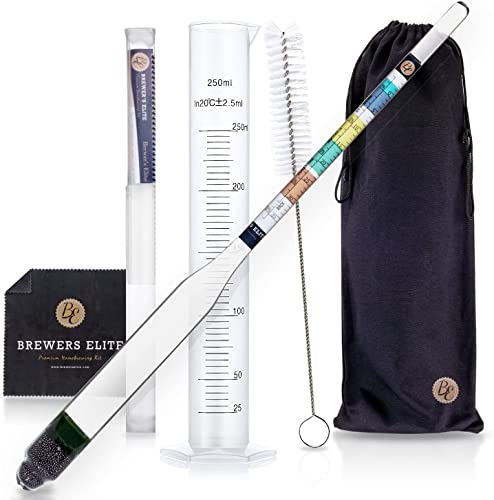 Brewer's Elite Hydrometer & Test Jar - for Home Brew Beer, Wine, Mead and Kombucha - Deluxe Triple Scale Set, Hardcase and Cloth - Specific Gravity ABV Tester