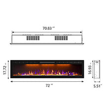 Load image into Gallery viewer, Mystflame 72 inch Electric Fireplace - Ultra Slim Frame - in Wall Recessed &amp; Wall Mounted - Multicolor Flame - Log &amp; Crystal Hearth - 1500/750 Watt Heater - Remote Control &amp; Touch Screen- Timer
