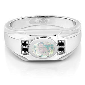 Gem Stone King 1.18 Ct Oval White Simulated Opal Black Diamond 925 Sterling Silver Men's Ring (Size 11)