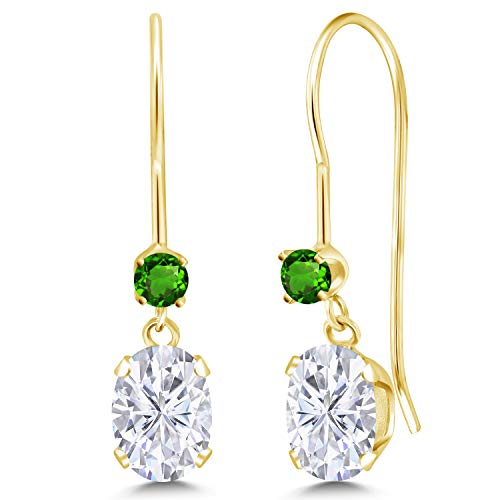 14K Yellow Gold Dangle Earrings Set with Forever Classic Oval 1.00ct (DEW) Created Moissanite from Charles & Colvard and Simulated Tsavorite