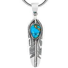 Load image into Gallery viewer, Feather Matrix Turquoise Pendant Necklace 20" Sterling Silver 925 Genuine Gemstones (20", Teal/Matrix Turquoise)
