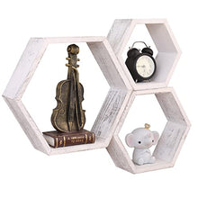 Load image into Gallery viewer, WONFUlity Floating Shelves Wall Mounted Set of 3 Rustic Hexagonal White Shelves, Wood Farmhouse Storage Honeycomb White Wall Shelf, Hexagon Wall Shelf for Living Room, Office, Screws&amp;Anchors Included
