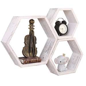 WONFUlity Floating Shelves Wall Mounted Set of 3 Rustic Hexagonal White Shelves, Wood Farmhouse Storage Honeycomb White Wall Shelf, Hexagon Wall Shelf for Living Room, Office, Screws&Anchors Included