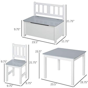 Qaba 4-Piece Set Kids Wood Table Chair Bench with Storage Function Toddlers Age 3 Years up, Grey and White