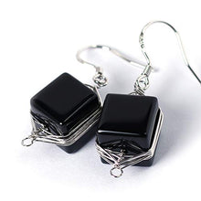 Load image into Gallery viewer, Natural Stone Wire Wrap Dangle Drop Earrings Platinum Plated 925 Sterling Silver Hook/Black Onyx Cube 10mm
