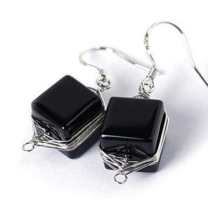 Natural Stone Wire Wrap Dangle Drop Earrings Platinum Plated 925 Sterling Silver Hook/Black Onyx Cube 10mm