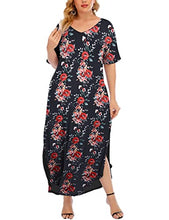 Load image into Gallery viewer, GXLU Women's Plus Size Summer Black Maxi Dresses Short Sleeve Casual Loose Plain Split Beach Party Mother of The Bride Long Dress with Pockets Floral Print Black 4X
