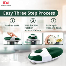 Load image into Gallery viewer, Kitchen Mama Electric Can Opener 2.0: Upgraded Blade Opens Any Can Shape - No Sharp Edge, Food-Safe, Handy with Lid Lift, Battery Operated Handheld Can Opener (Army Green)

