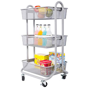 DESIGNA 3-Tier Rolling Utility Cart Storage Shelves Multifunction, Metal Mesh Baskets, Pantry Cart with Lockable Wheels, Gray