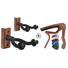 Load image into Gallery viewer, WINGO Guitar Capo and 2 Pack Guitar Hangers Wall Mounts Holder Stand- Black Walnut Wood for Acoustic and Electric Guitars Ukulele Bundle.
