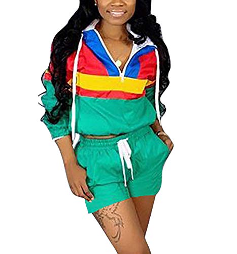 VOIKERDR Women 2 Piece Outfits Tracksuit Jumpsuits Lightweight Windbreaker Pullover Jacket Crop Top Pants Set Green L