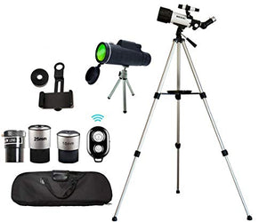 Astronomical Telescopes + Monocular Travel Scope 70mm Aperture 400mm AZ Mount Astronomical Refractor Telescopes for Kids Adults Beginners - Portable Bag, Smartphone Adapter, Camera Remote