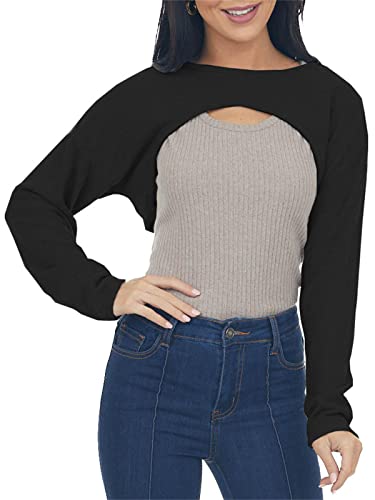 Vermisse Women's Crewneck Long Sleeve Pullover Crop Tops Casual Cut-out Solid Loose Cropped Sweatshirts Black