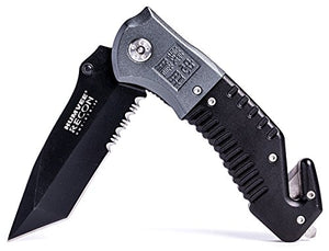 Humvee HMV-KTR-08 Recon 8 Folding Knife with Partially Serrated Stainless Steel Blade and Metal Pocket Clip, Black