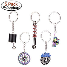 Load image into Gallery viewer, Febrytold 5 Pcs Car Parts Model Key Chains, Colorful Turbo Keychain, Black Manual Gearbox Keychain, Colorful Tire Rim Keychain, Blue Brake Rotor Keychain, Red Spring Shock-absorber Keychain
