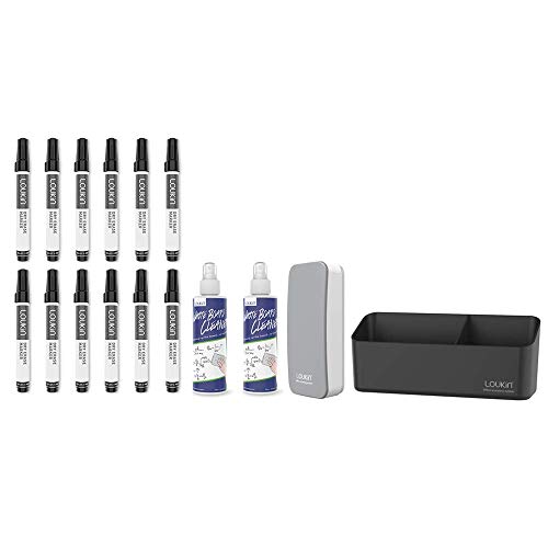 LOUKIN Whiteboard Writing Bundle | Magnetic Dry Erase Eraser (Gray) & Low-Odor Dry Erase Markers & Magnetic and Adhesive Marker Holder & Whiteboard Cleaner (3.4 oz)