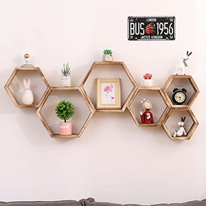 WONFUlity Hexagon Floating Shelves Wall Mounted Wood Farmhouse Storage Honeycomb Wall Shelf, Hexagonal Wall Shelves for Bedroom, Living Room, Office, 3pc, Rustic Fire Roast