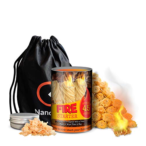 Nanoo and Bee Friendly Fire Starters with a Twist: Approx 45 Wood Fiber Wax Lighters Plus Wood Chips and Bag for Campfires, Fireplaces, BBQs, Smokers