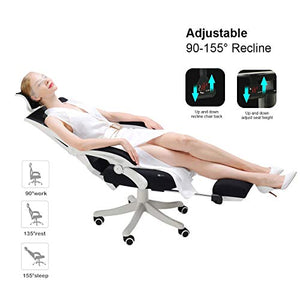 Hbada Reclining Office Desk Chair | Adjustable High Back Ergonomic Computer Mesh Recliner | White Home Office Chairs with Footrest and Lumbar Support