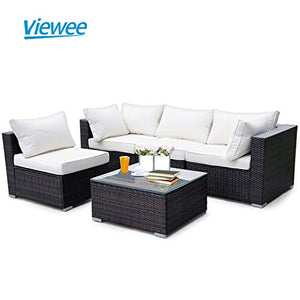 Viewee 5-Pieces Outdoor Patio Furniture Sets Rattan Wicker Patio Sofa with 2 Corner Chairs& 2 Armless Chair &1 Glass Top Patio Table