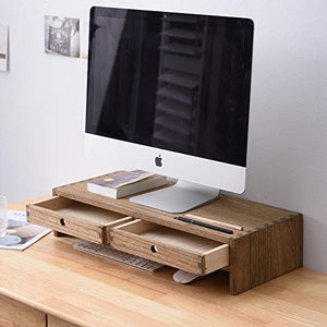 Kirigen Wood Monitor Stand with 2 Drawers - Computer Arm Riser Desk Storage Organizer,Speaker TV Laptop Printer Stand with Pen Slot and Cable Management,Dark Brown Desktop Shelf for Office DBR-2PMJ