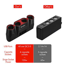 Load image into Gallery viewer, USB Car Charger Splitter Adapter, 120W 12V/24V 4-Socket Cigarette Lighter Adapter with 3pcs USB QC3.0 Car Charger Socket Quick Charge for GPS, Dash Cam, Sat Nav, Phone, iPad

