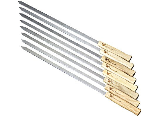 17-Inch Long, Large Stainless Steel Brazilian-style BBQ Skewers with hardwood Handle, Kebab Kabob Skewers, 3/8 Inch Wide Blade, Set of 8 Skewer with heavy-duty Travel Bag
