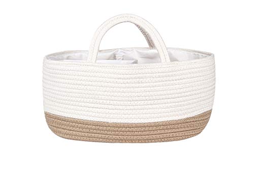 Mila Millie Baby Large Cotton Rope Diaper Caddy | Organizer Storage Bin for Nursery Essentials | Portable Bag for Changing Table and Car | 100% Natural Cotton | Eco Friendly (White & Biege)
