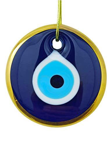 Erbulus Glass Blue Evil Eye Wall Hanging Gold Ornament – Turkish Nazar Bead - Home Protection Charm - Wall Decor Amulet in a Box